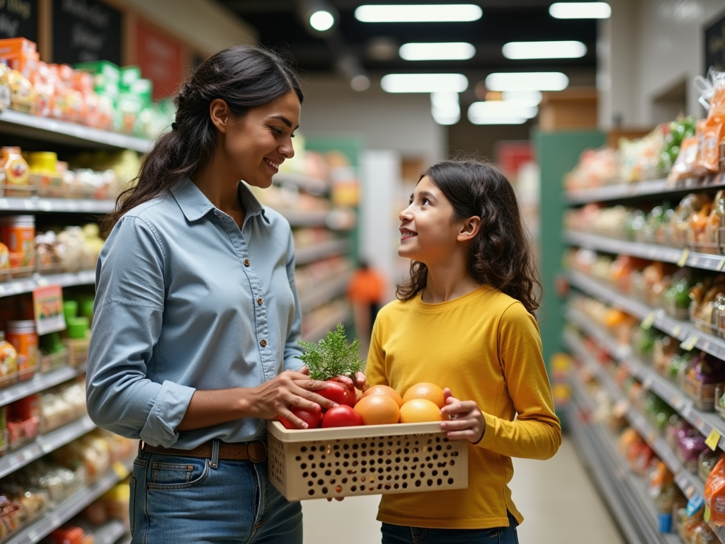 Две женщины в продуктовом магазине выбирают фрукты, улыбаясь друг другу. Яркие упаковки на полках.